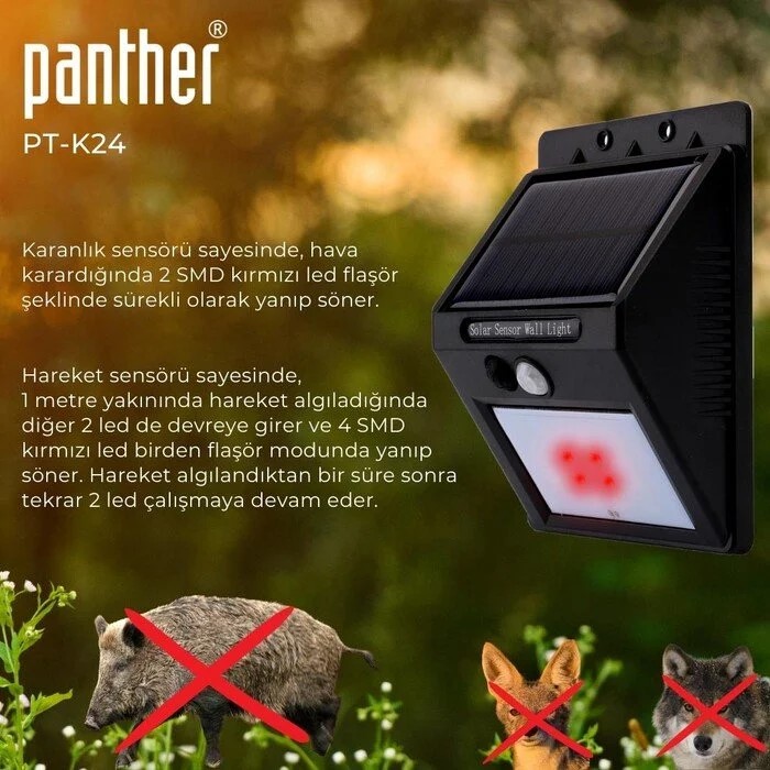 Panther PT-K24 Yabani Hayvan Savar Gece Sensörlü Solar Kırmızı LED Işık Flaşörlü Sokak Lambası İçerik