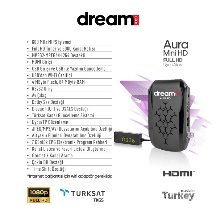 Dreamstar Aura mini HD Full HD Uydu Alıcısı